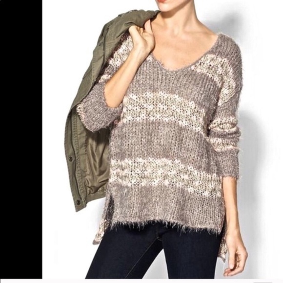 Free People Linus Striped Eyelash Fuzzy Wool Blend Sweater Gray Pink Size S - Picture 10 of 11